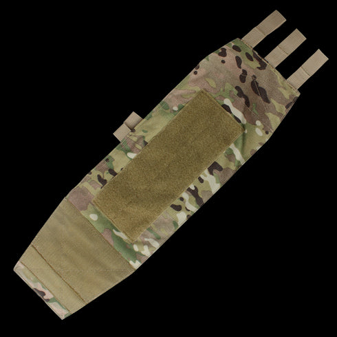 The Condor VAS Modular Cummerbund in MultiCam features a tactical camouflage design, Velcro patch area, and tan webbing loops—ideal for military and law enforcement use.